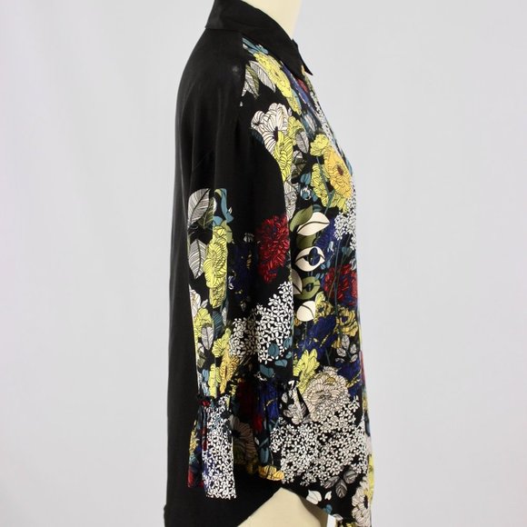 SANDRO Black Floral Print Silk Crepe Button Up Collared Shirt Blouse - Picture 9 of 16